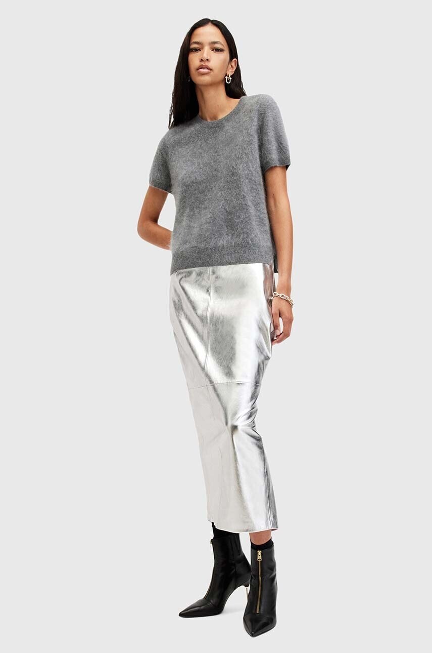 Kožená sukňa AllSaints RENAI PENCIL SKIRT strieborná farba, midi, rovný strih, W070RB