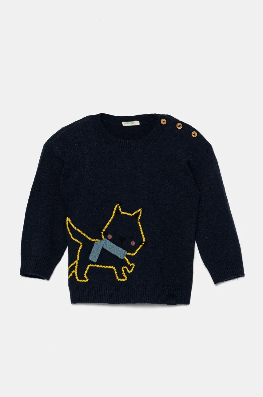 Detský svetrík s vlnenou zmesou United Colors of Benetton tmavomodrá farba, tenký, 1D9SB101A
