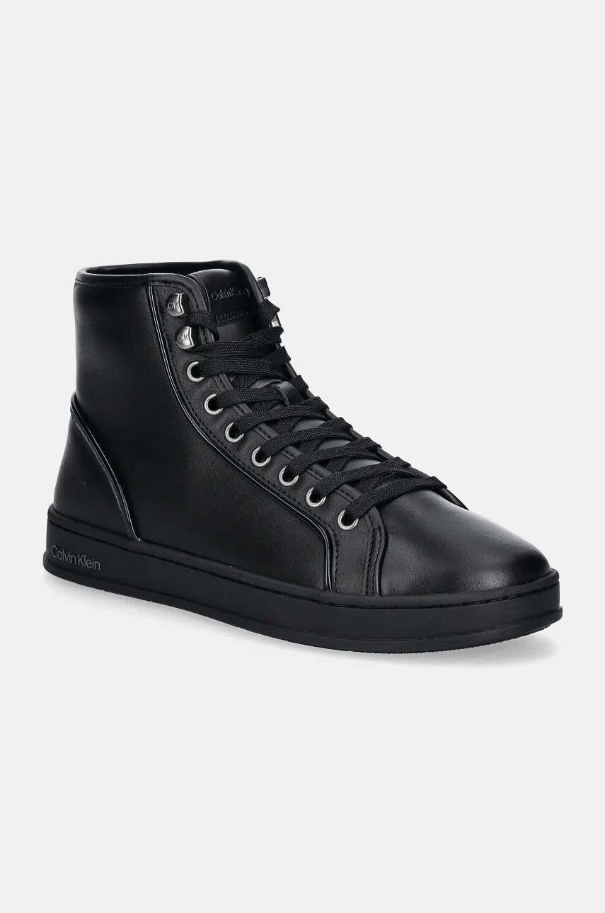 Kožené tenisky Calvin Klein HIGH TOP LACE UP PIPING čierna farba, HM0HM01589