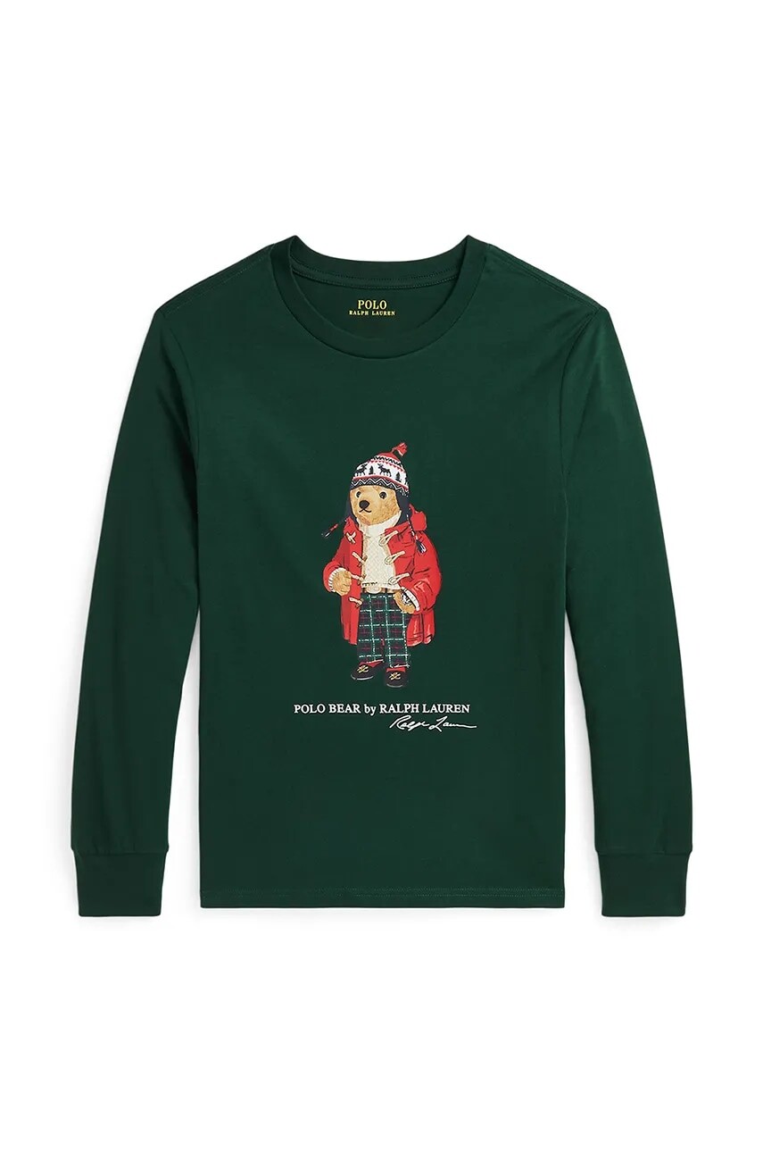 Detská bavlnená košeľa s dlhým rukávom Polo Ralph Lauren zelená farba, s potlačou, 323883620009