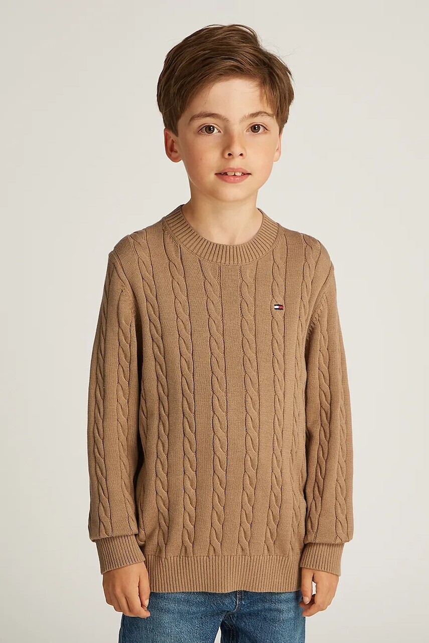 Detský bavlnený sveter Tommy Hilfiger hnedá farba, KB0KB09348