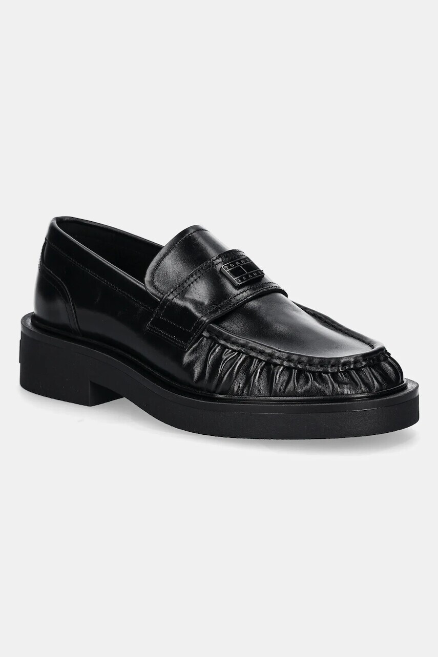 Kožené mokasíny Tommy Jeans TJW ORIGIN LOAFER dámske, čierna farba, na plochom podpätku, EN0EN02708