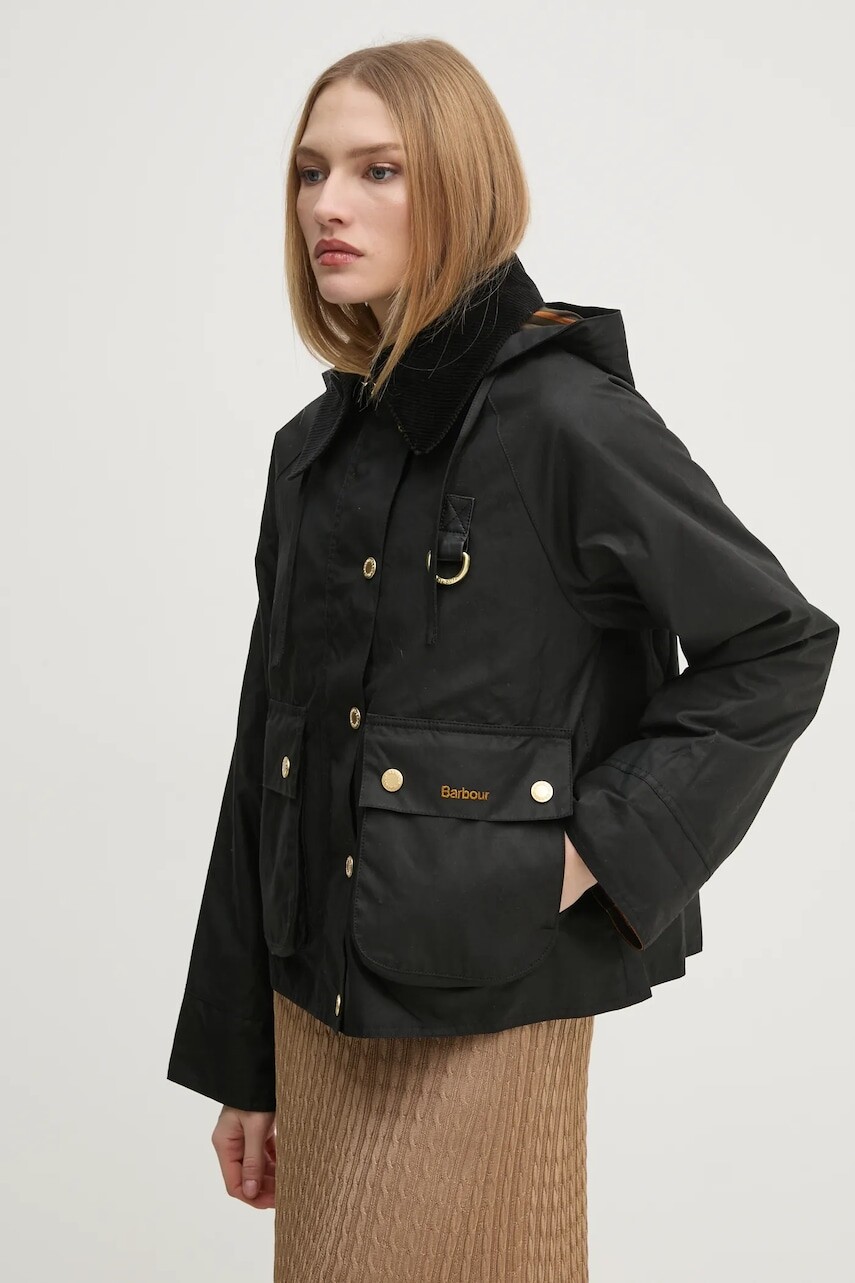 Bunda Barbour Reighton Wax dámska, čierna farba, prechodná, oversize, LWX1397