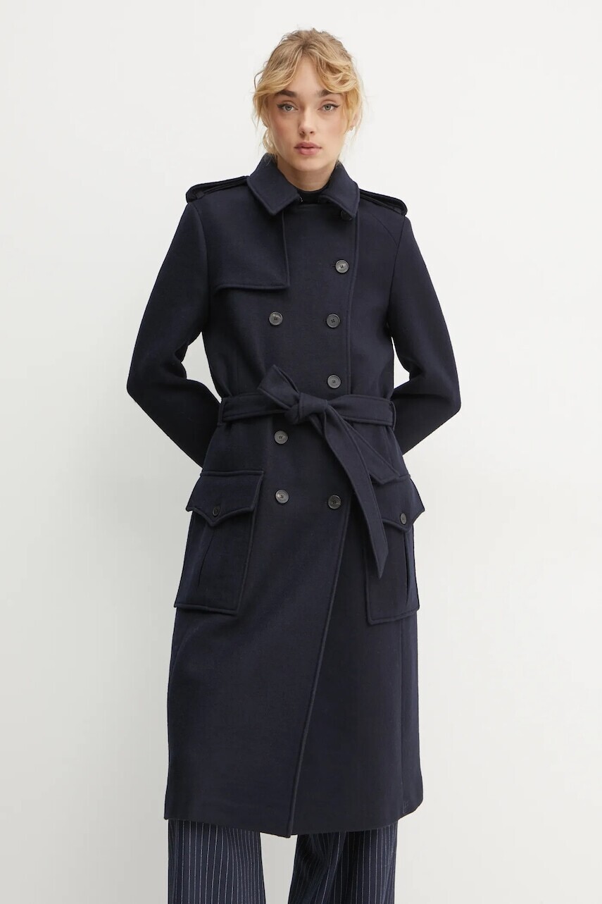 Vlnený kabát The Kooples tmavomodrá farba, prechodný, dvojradový, FTRE29003K