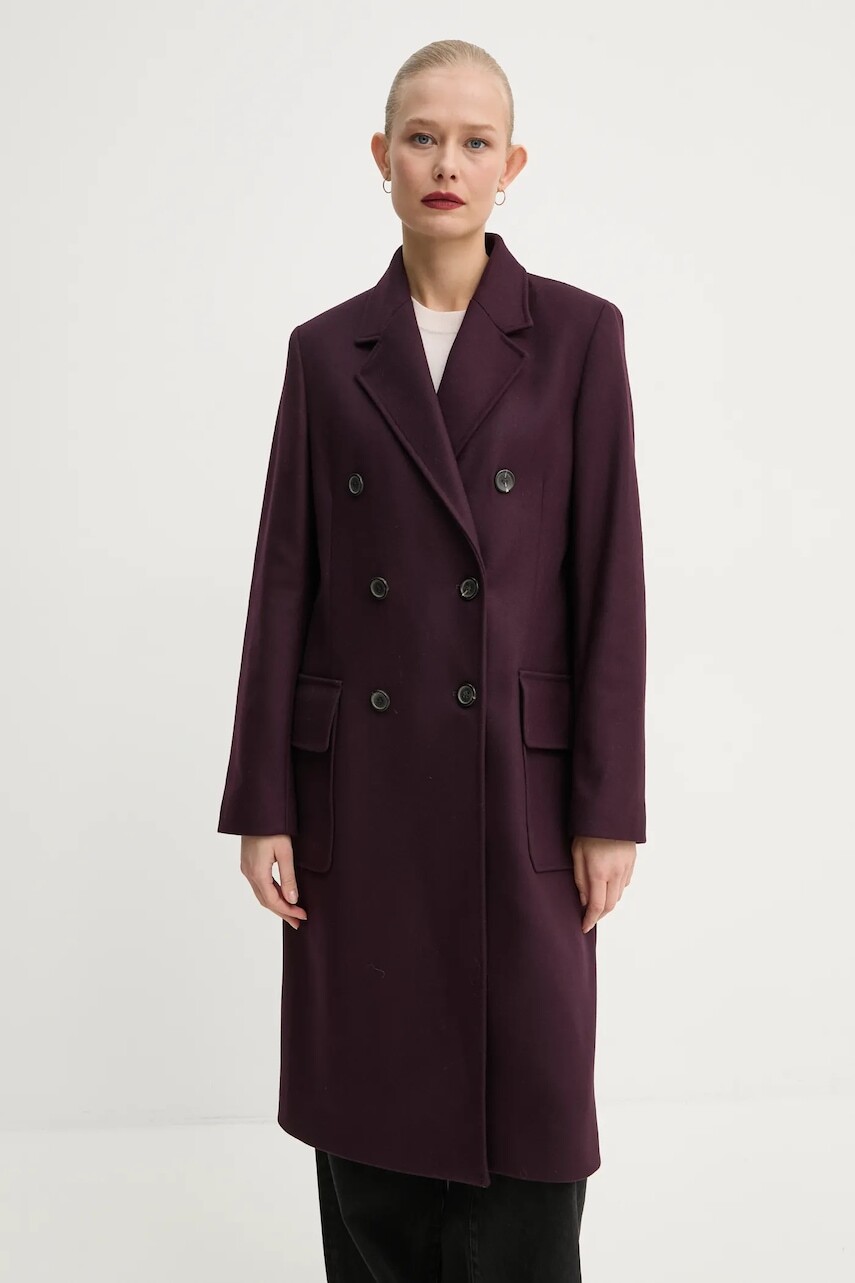 Vlnený kabát PS Paul Smith fialová farba, prechodný, dvojradový, W2R.240C.N21059