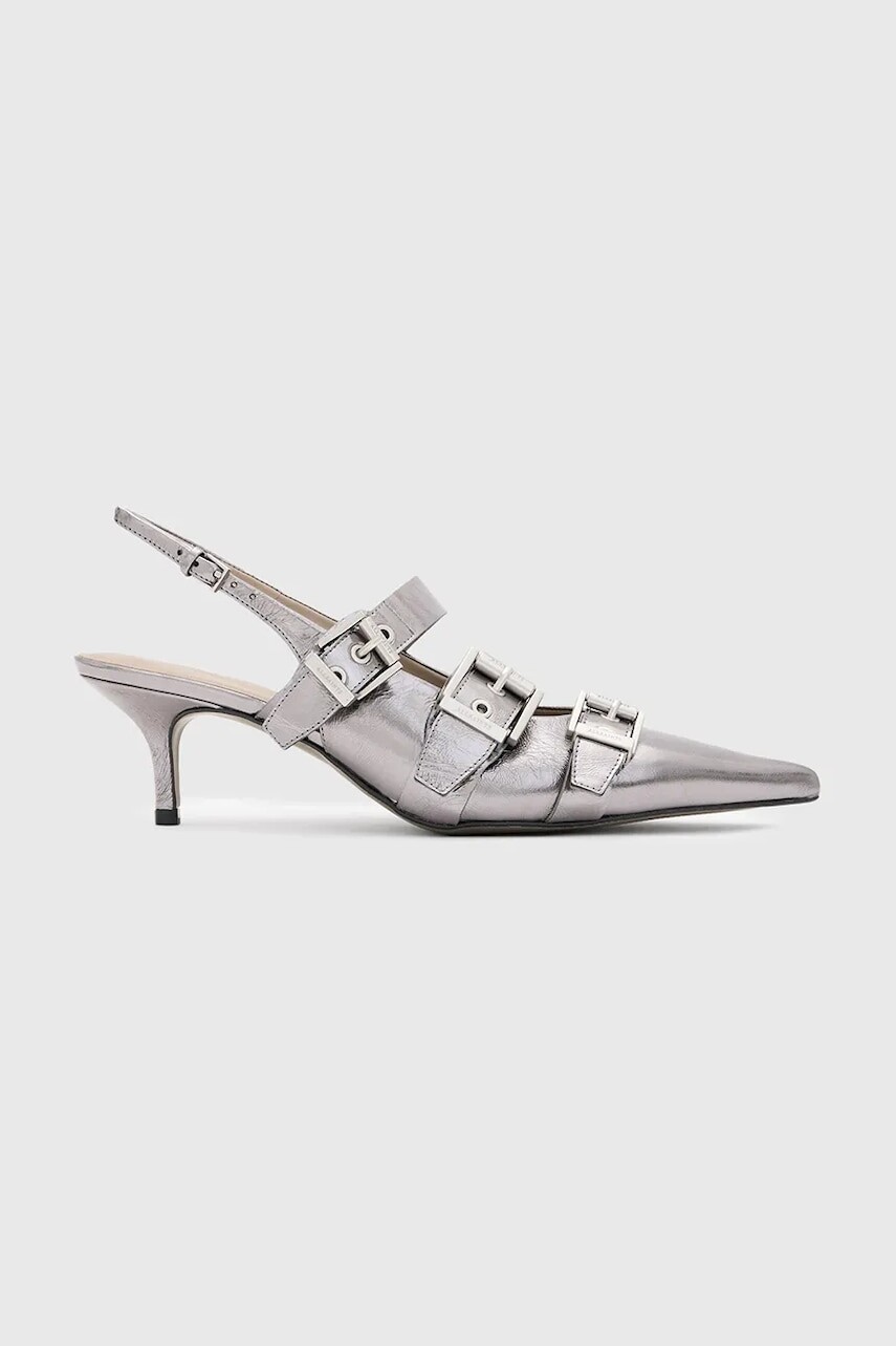 Kožené lodičky AllSaints Grace Buckle Heel strieborná farba, W150FB