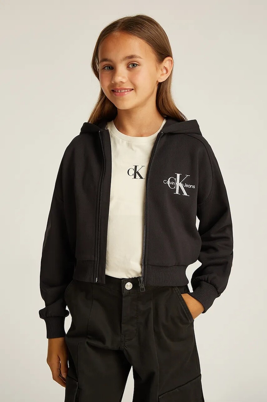 Detská bavlnená mikina Calvin Klein Jeans čierna farba, s kapucňou, s potlačou, IG0IG02824