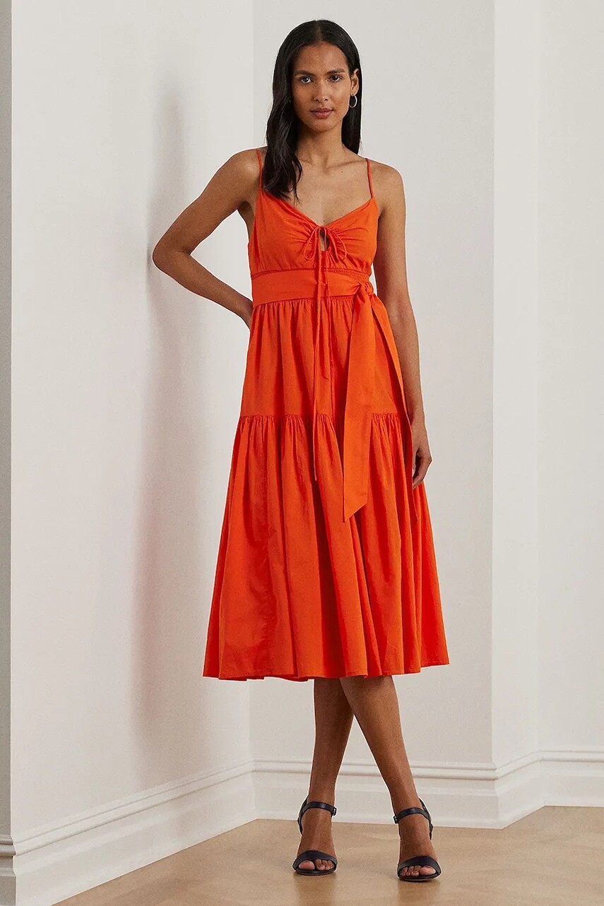 Bavlnené šaty Lauren Ralph Lauren oranžová farba, midi, áčkový strih, 200962758
