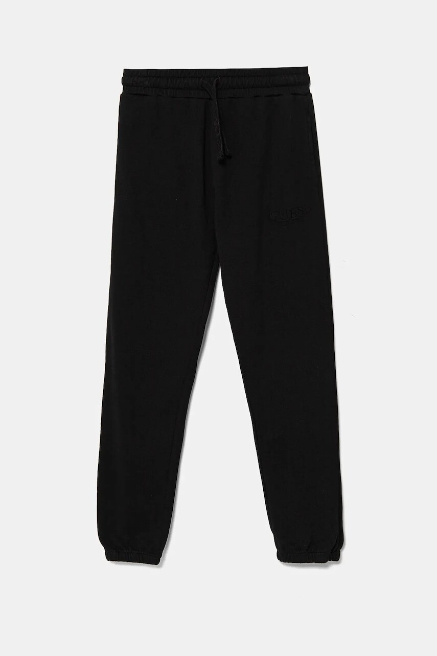 Detské bavlnené tepláky Guess čierna farba, s nášivkou, L5RQ14 KAD74