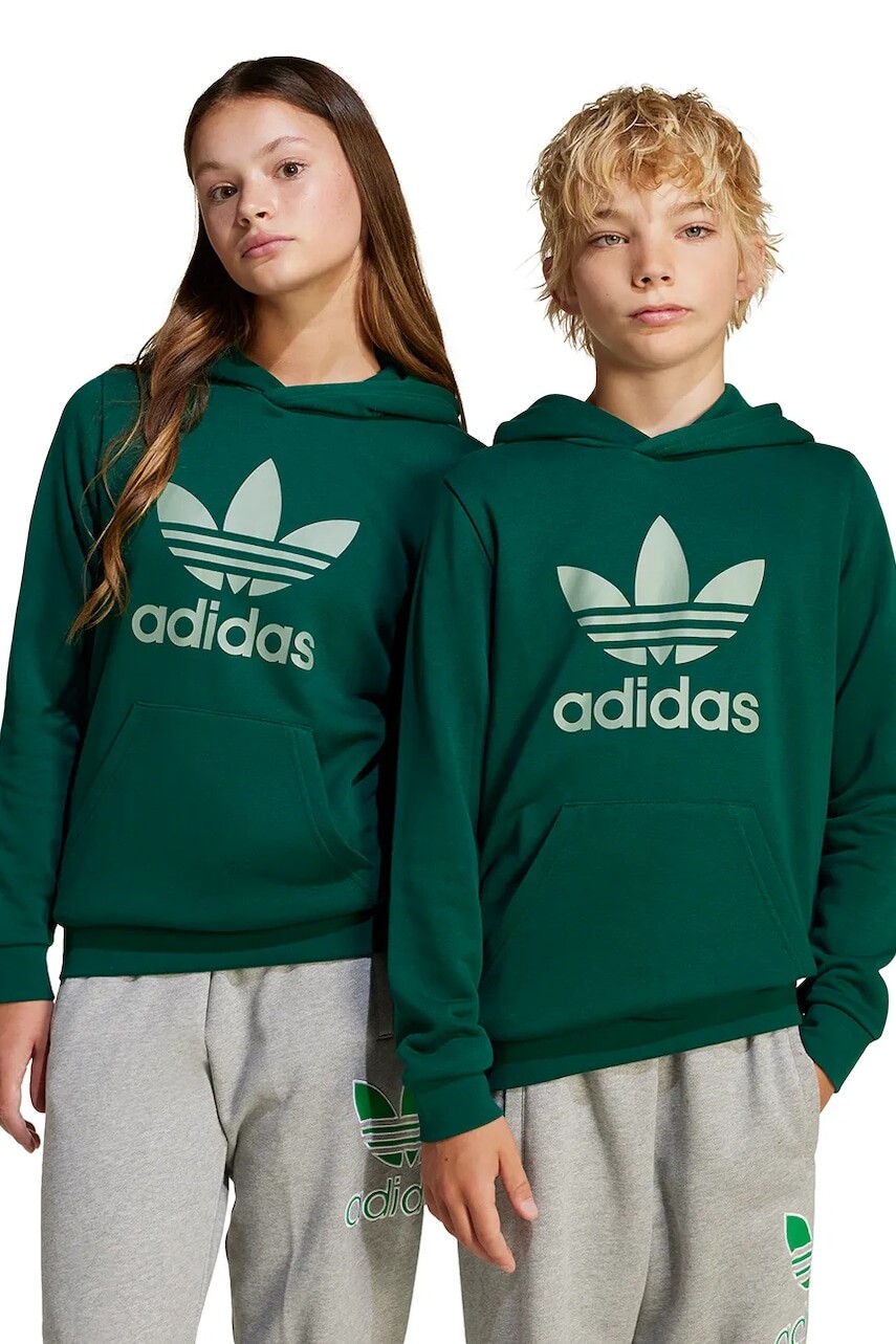 Detská mikina adidas Originals zelená farba, s kapucňou, s potlačou, JD1648