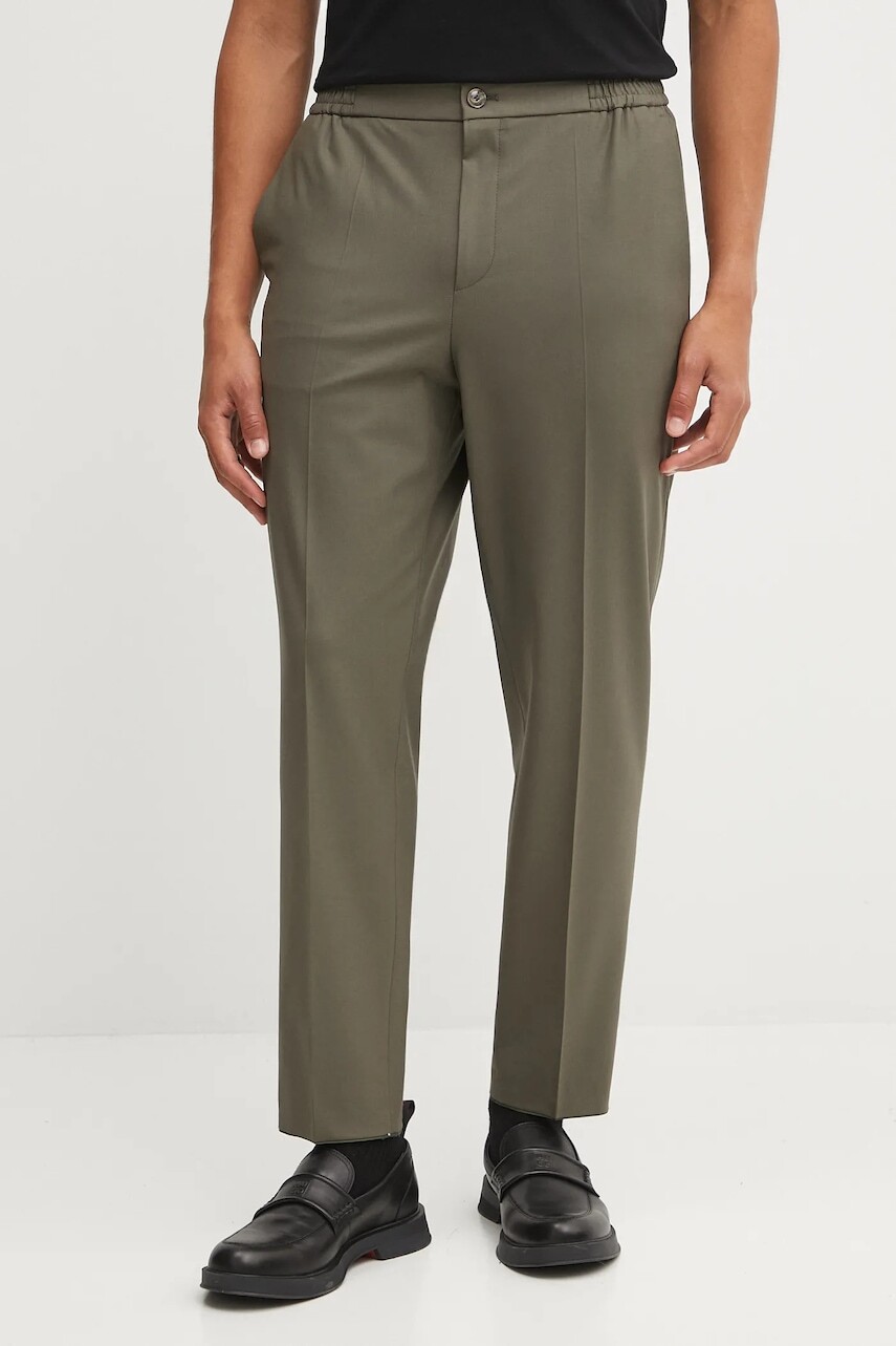 Vlnené nohavice HUGO zelená farba, priliehavé, 50530110