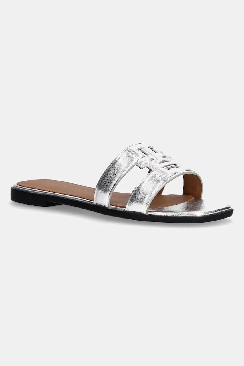 Kožené šľapky Tommy Hilfiger TH LOGO STRAP METALLIC MULE dámske, strieborná farba, FW0FW08676