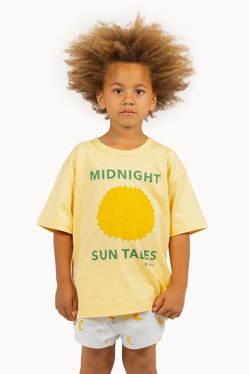 Detské bavlnené tričko Tinycottons SUN TALES GRAPHIC TEE žltá farba, s potlačou, SS25-089