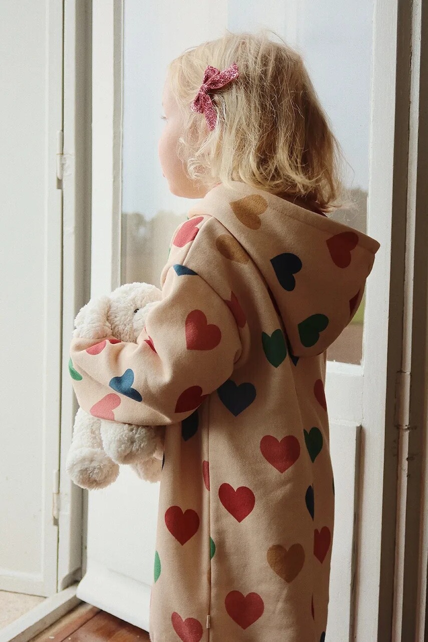 Dievčenské šaty Konges Sløjd LOU HOODIE DRESS OCS béžová farba, mini, rovný strih, KS102856