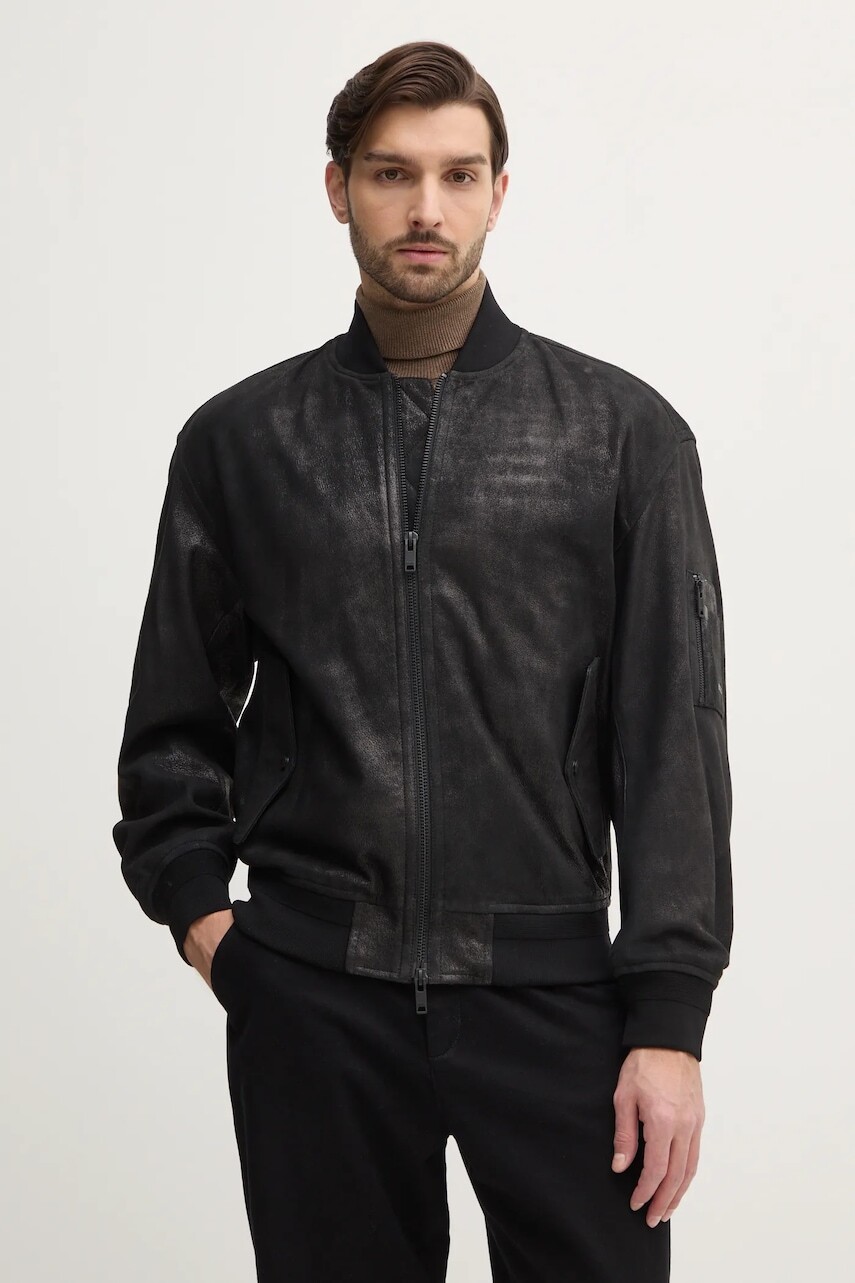 Semišová bunda bomber Boss Orange pánska, čierna farba, prechodná, 50529780