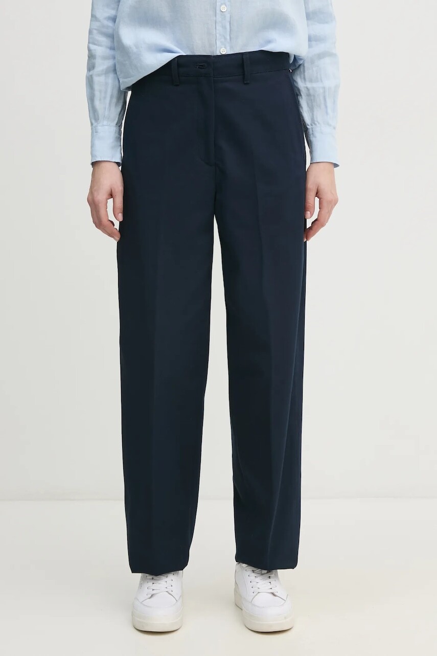 Bavlnené nohavice Tommy Hilfiger tmavomodrá farba, rovné, vysoký pás, WW0WW45487