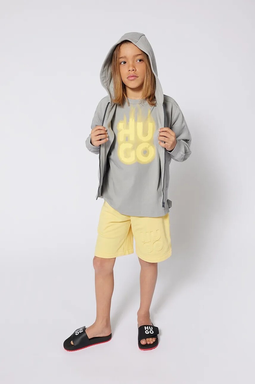 Detská mikina HUGO šedá farba, s kapucňou, jednofarebná, G00360