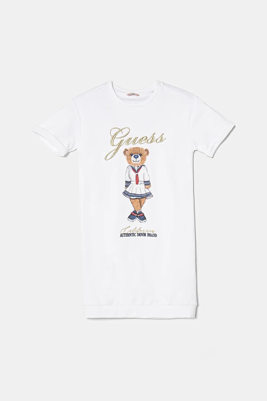 Dievčenské bavlnené šaty Guess biela farba, mini, rovný strih, J5RK28 KAD74