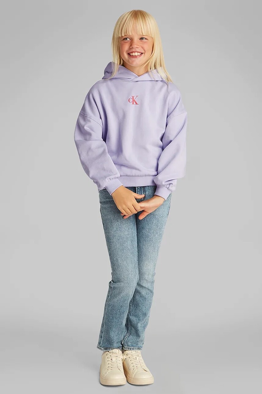 Detská mikina Calvin Klein Jeans fialová farba, s kapucňou, jednofarebná, IG0IG02855