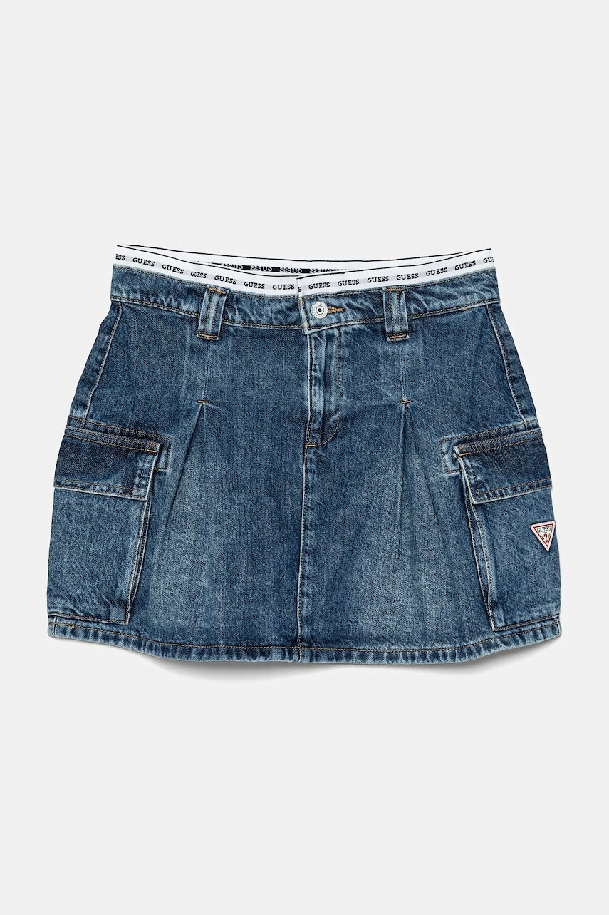 Dievčenská rifľová sukňa Guess tmavomodrá farba, mini, áčkový strih, J5RD07 D45E0