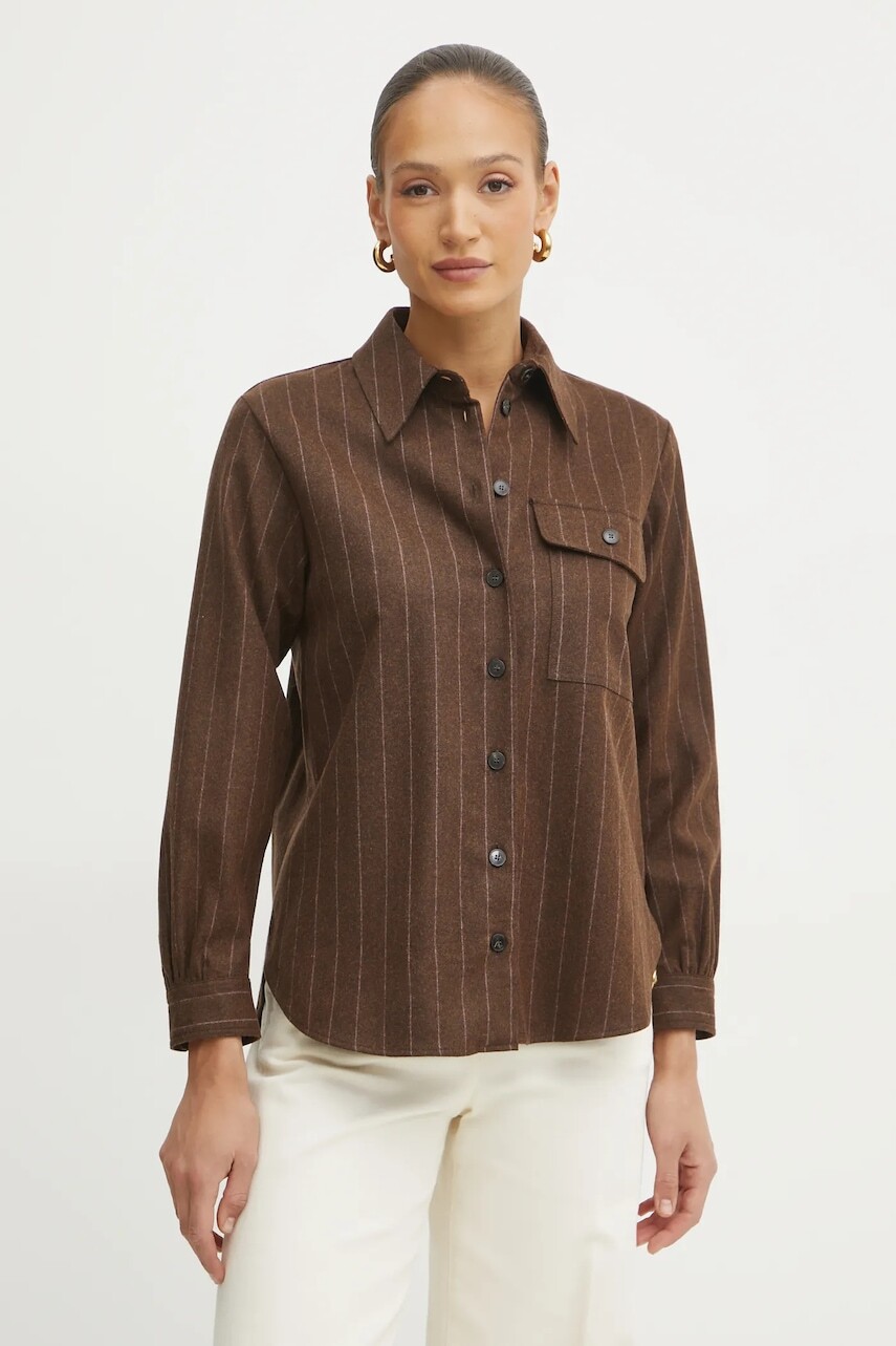 Vlnená košeľa Marella dámska, hnedá farba, regular, s klasickým golierom, 2423196042200