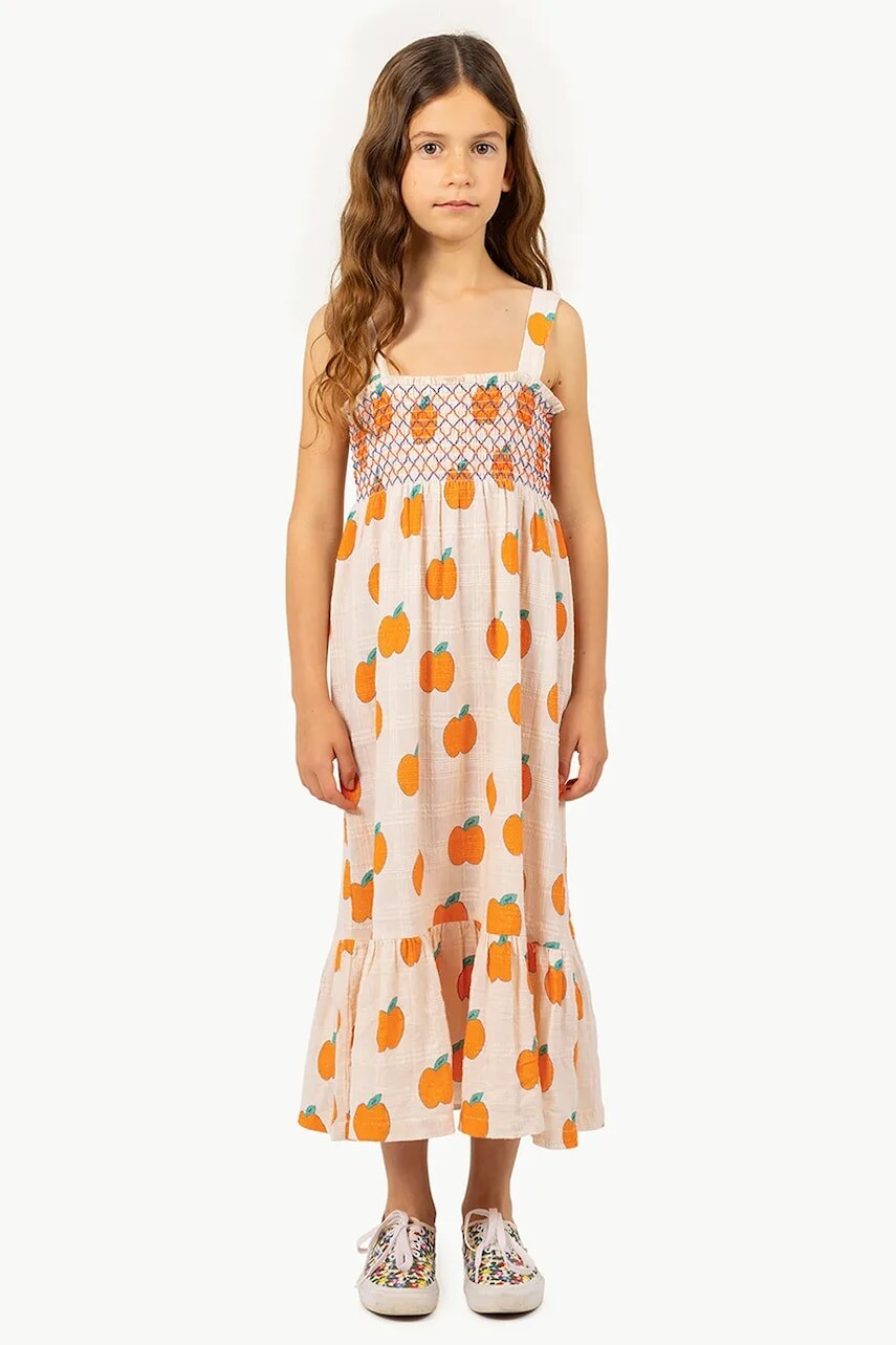 Dievčenské bavlnené šaty Tinycottons APPLES DRESS béžová farba, midi, rovný strih, SS25-162