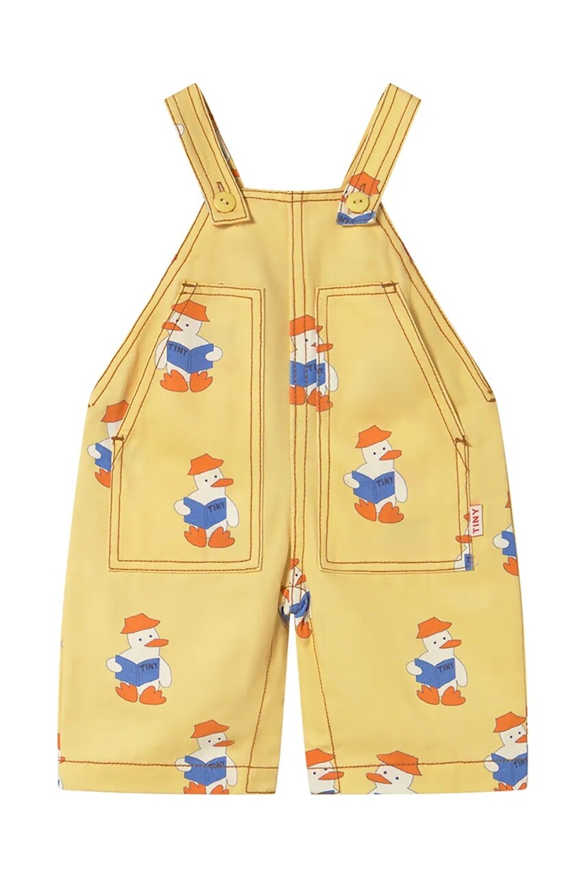 Detské nohavice na traky Tinycottons BABY READERS DUNGAREE žltá farba, s potlačou, SS25-195