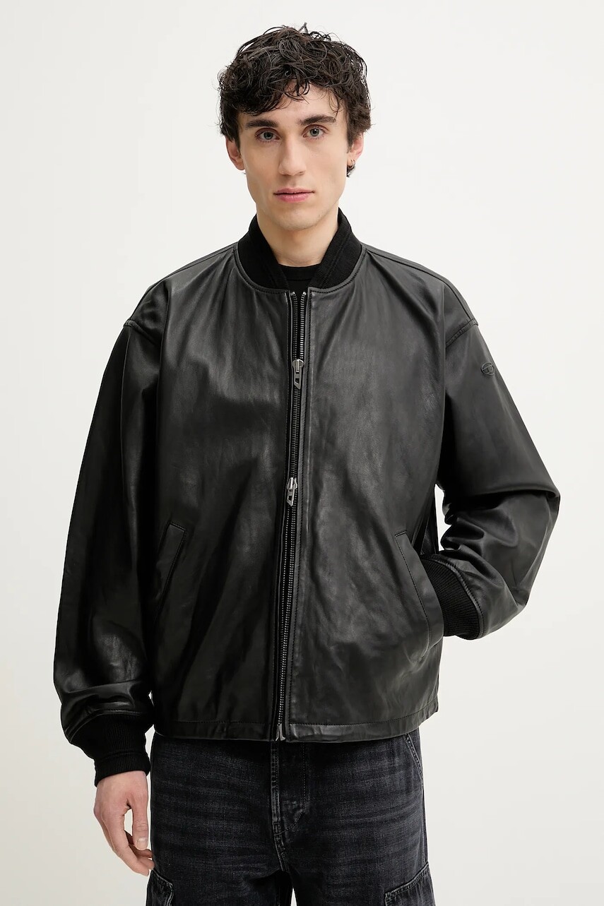 Kožená bunda bomber Diesel L-KHAT JACKET čierna farba, prechodná, oversize, A16865.0PFAH
