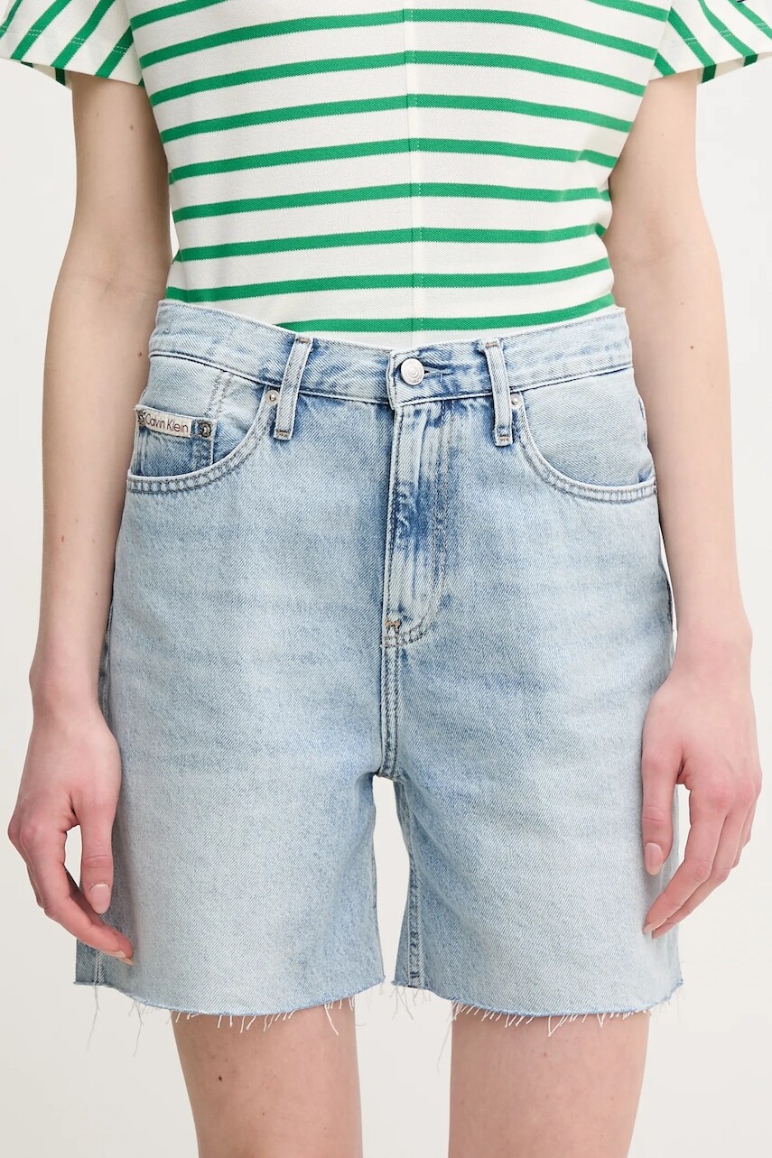 Rifľové krátke nohavice Calvin Klein Jeans dámske, jednofarebné, vysoký pás, J20J225155