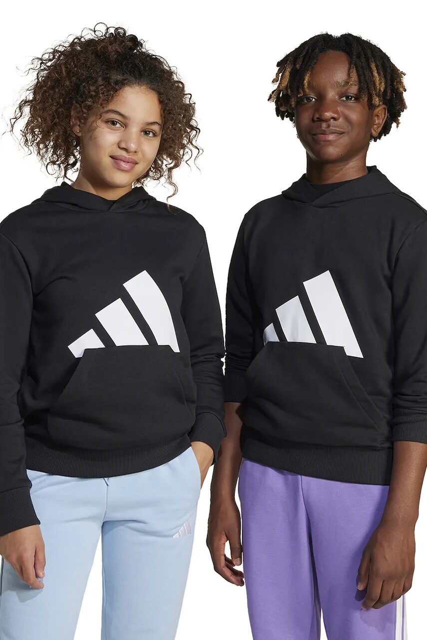 Detská mikina adidas čierna farba, s kapucňou, s potlačou, JC9667