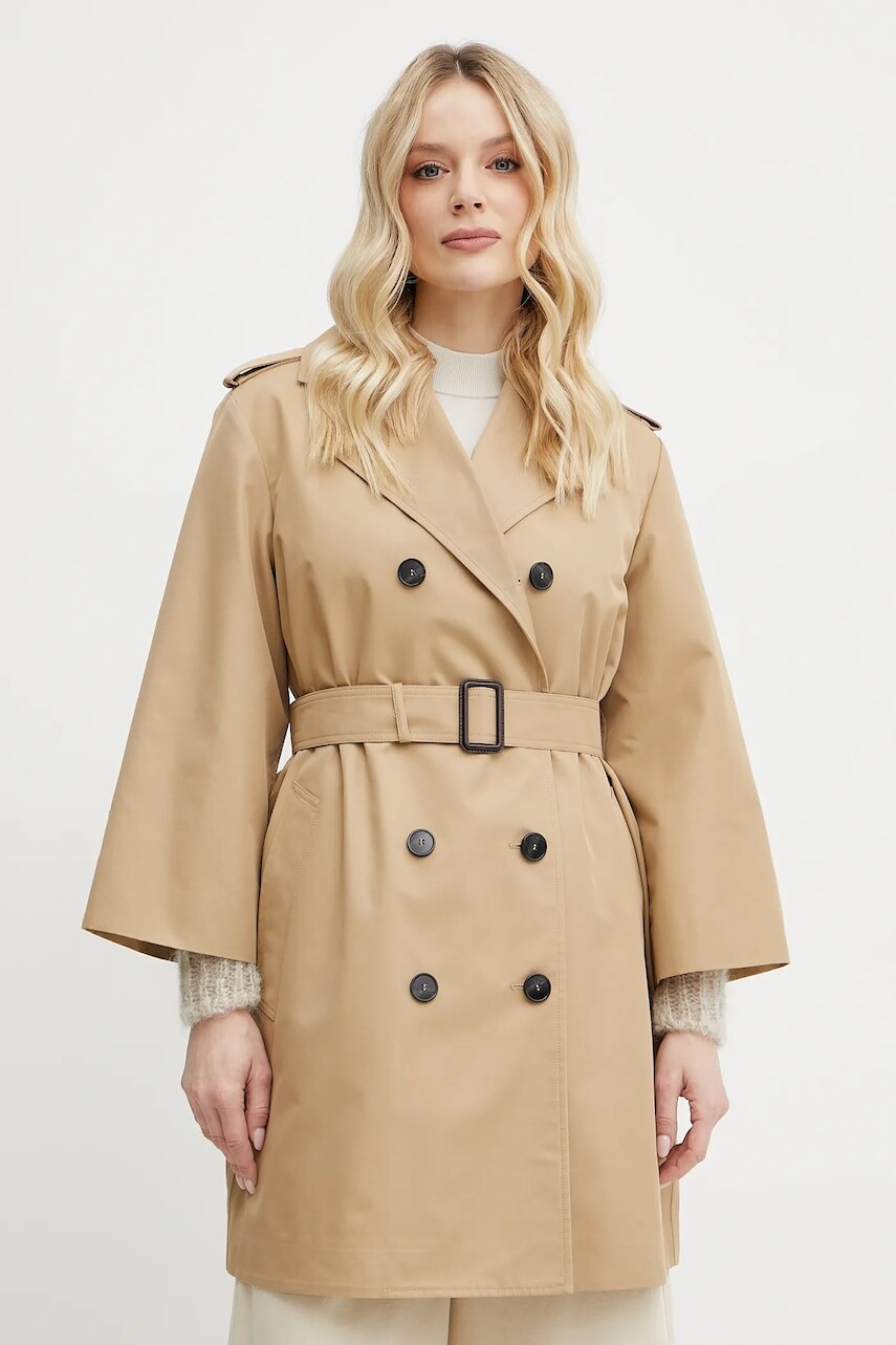Trenčkot Weekend Max Mara dámsky, béžová farba, prechodný, dvojradový, 2515021031600