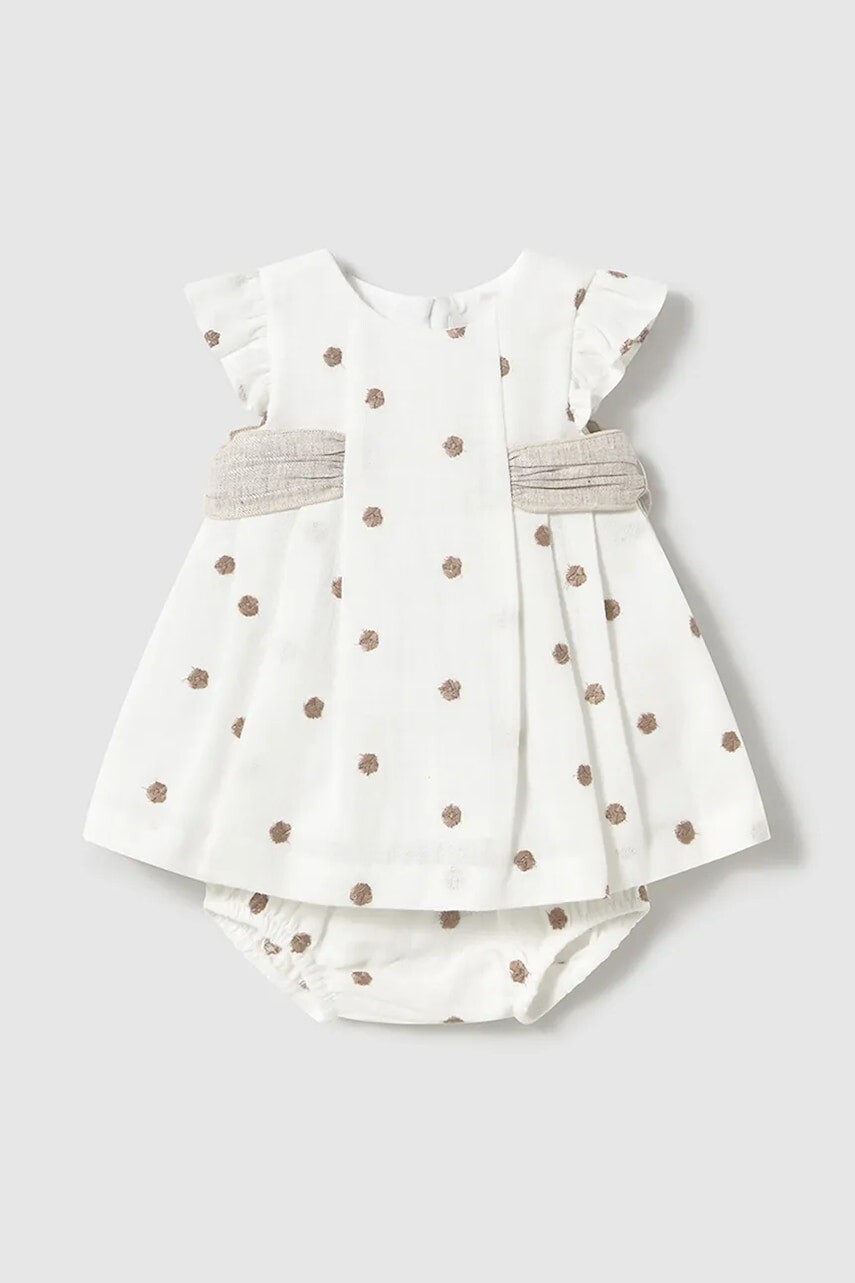 Detské šaty s prímesou ľanu Mayoral Newborn béžová farba, mini, áčkový strih, 1859