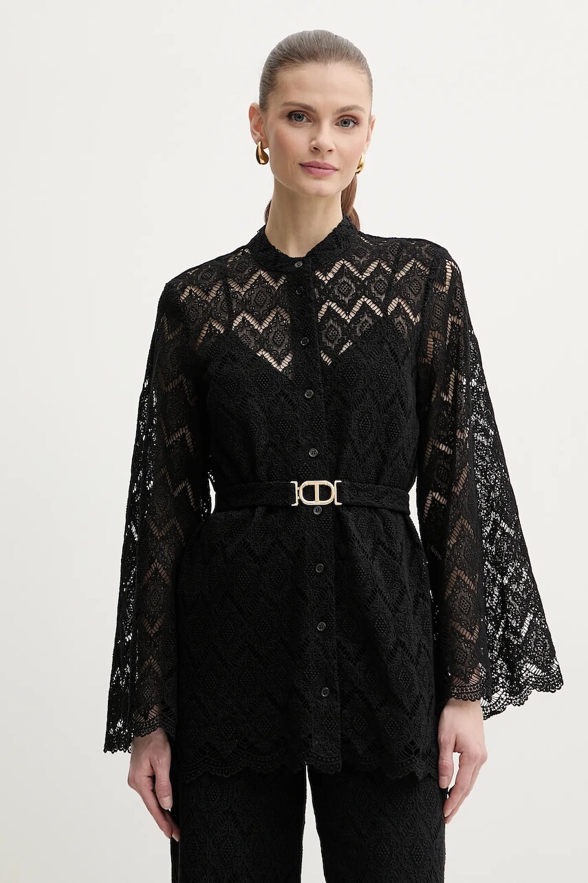 Bavlnená košeľa Twinset dámske, čierna farba, regular, s klasickým golierom, 251TP2406