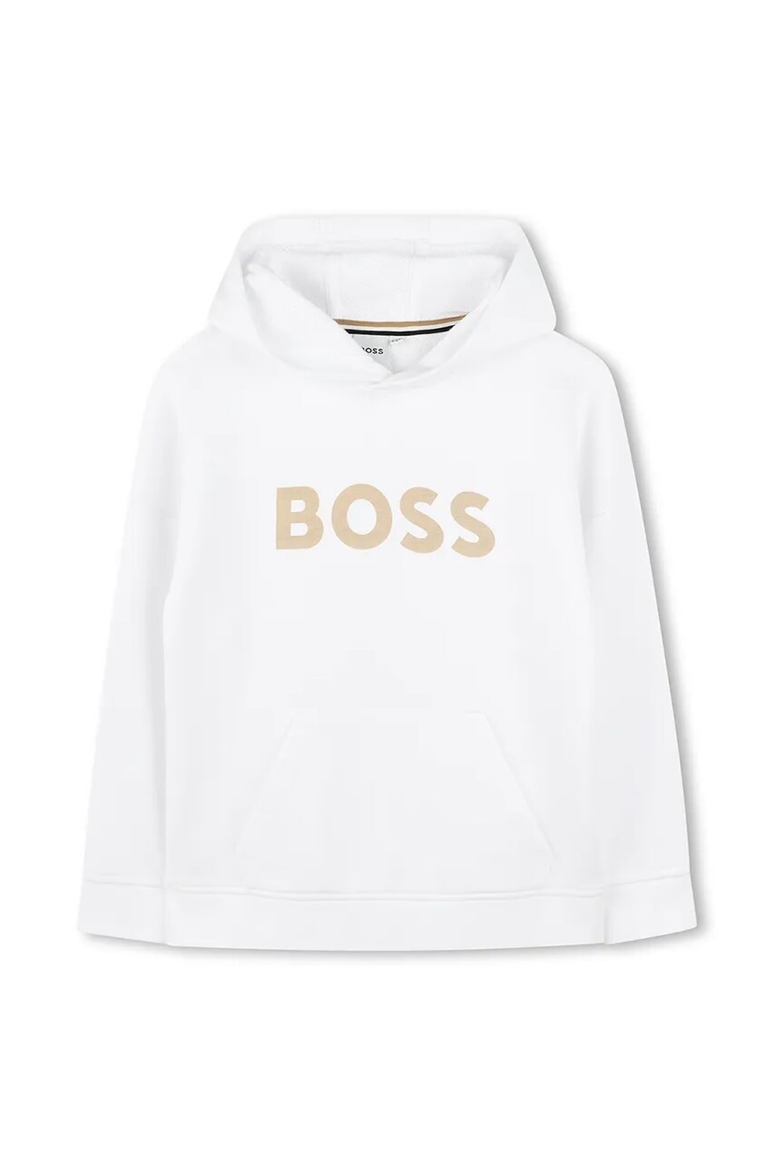 Detská mikina BOSS biela farba, s kapucňou, s potlačou, J52027