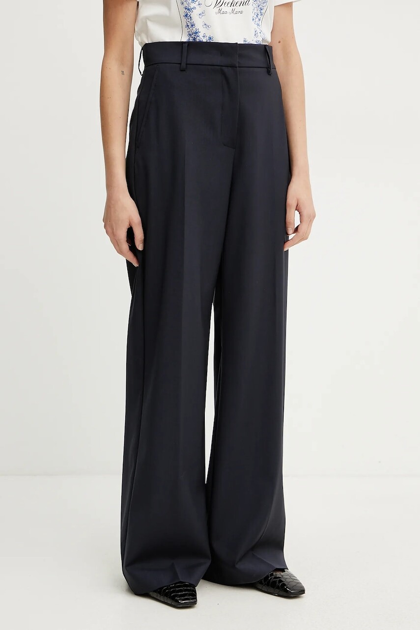 Vlnené nohavice Weekend Max Mara dámske, tmavomodrá farba, široké, vysoký pás, 2515131041600