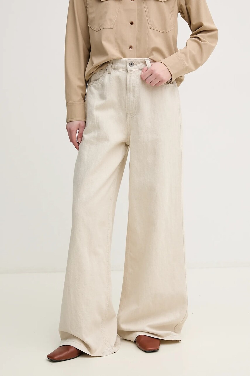Džínsy s prímesou ľanu Pepe Jeans WIDE LEG JEANS UHW JAIMY dámske, béžová farba, PL204740TC9