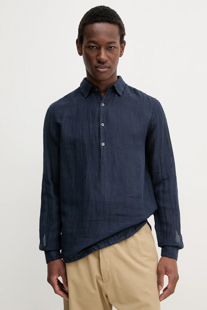 Ľanová košeľa s dlhým rukávom BARENA VENEZIA Camicia Pavan S tmavomodrá farba, jednofarebný, CAU5071.3144