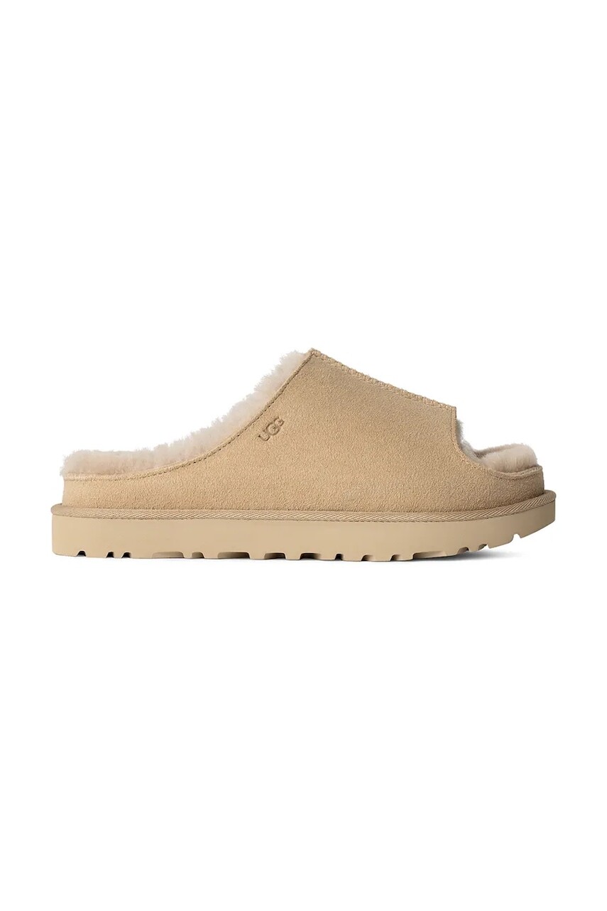 Semišové šľapky UGG Greenport Slide dámske, béžová farba, na platforme, 1167610-SAN