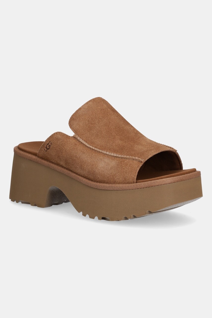 Semišové šľapky UGG New Heights Slide dámske, hnedá farba, na platforme, 1167476-CHE