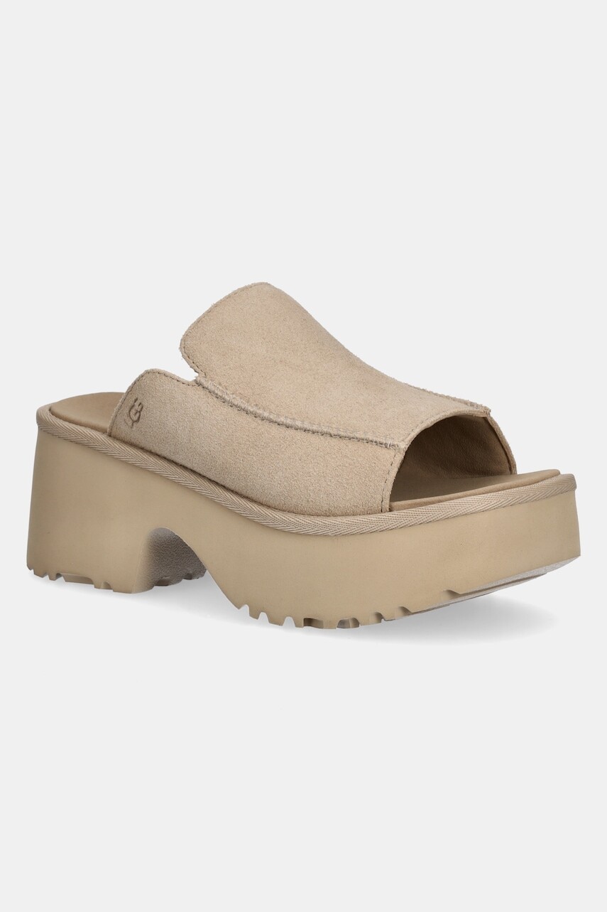 Semišové šľapky UGG New Heights Slide dámske, béžová farba, na platforme, 1167476-MDSD