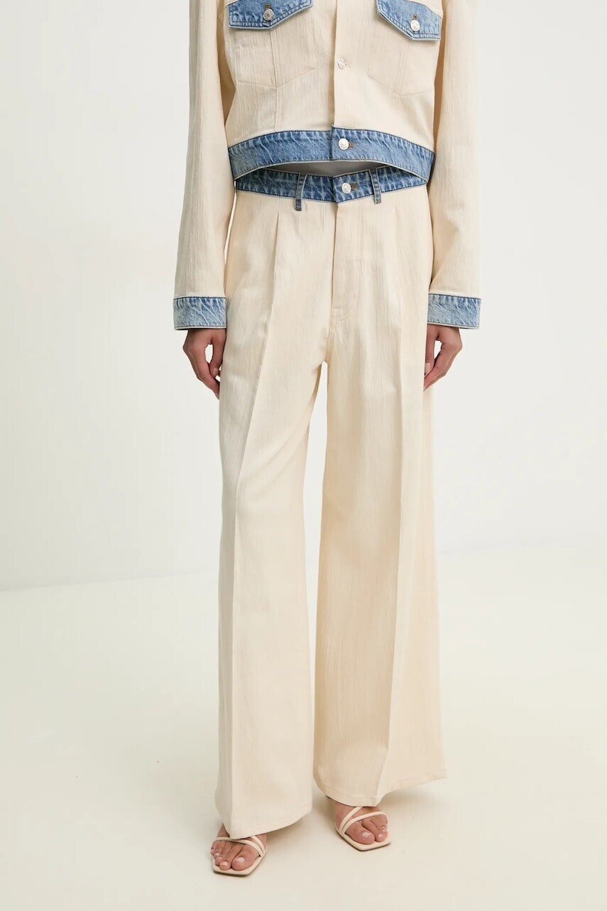 Nohavice Moschino Jeans dámske, béžová farba, široké, vysoký pás, 0346 3717