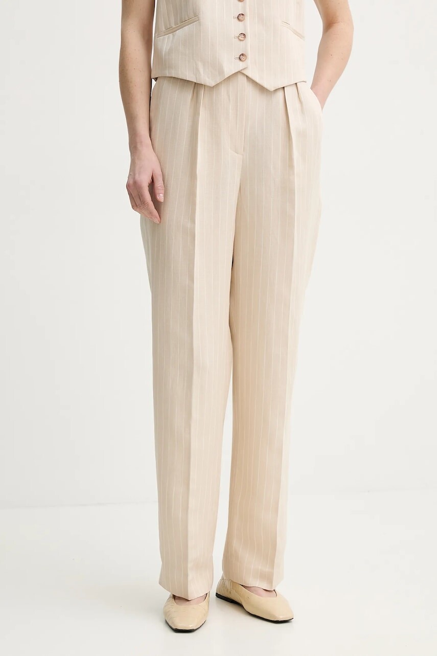 Nohavice s prímesou ľanu BA&SH PEANUT dámske, béžová farba, rovné, vysoký pás, 1E25PEAN