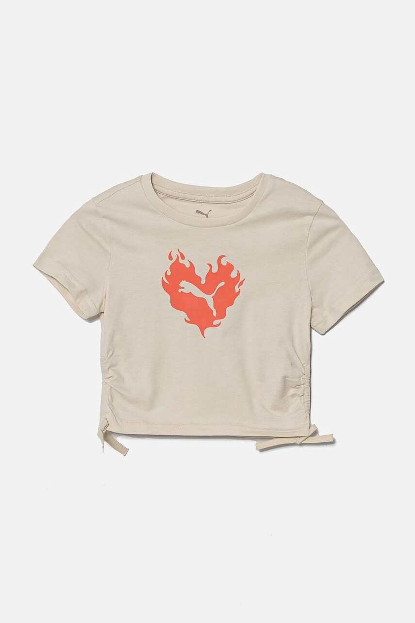 Detské bavlnené tričko Puma FLAMING LOVE Knotted Tee béžová farba, 685108