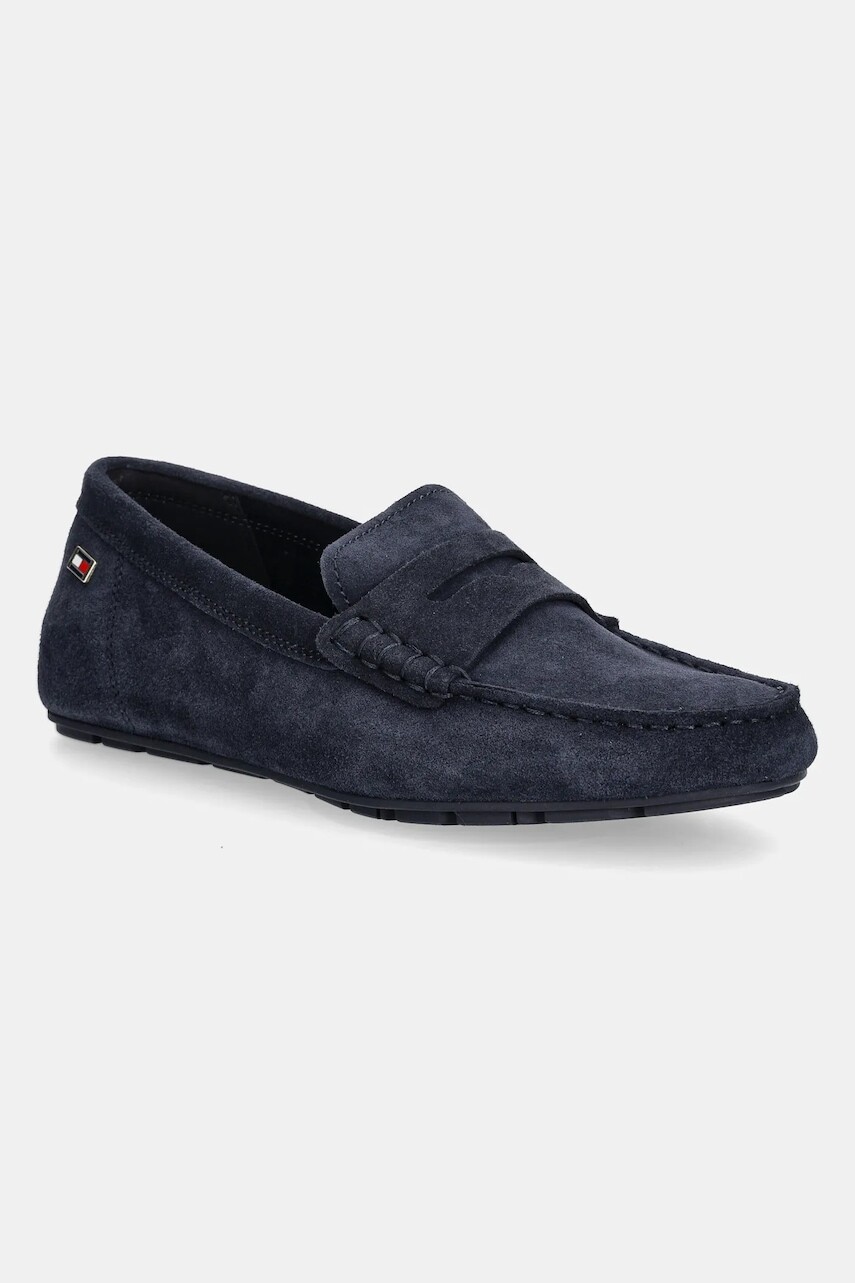 Semišové mokasíny Tommy Hilfiger FLAG SOFT SUEDE DRIVER LOAFER dámske, tmavomodrá farba, na plochom podpätku, FW0FW08558