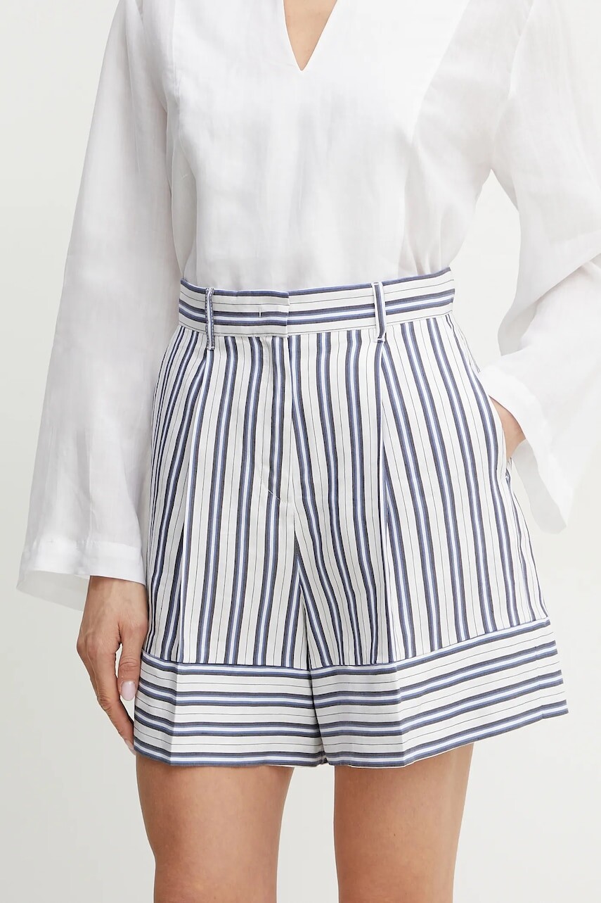 Šortky s prímesou ľanu Marella ACUME dámske, biela farba, vzorované, vysoký pás, 2513141034200