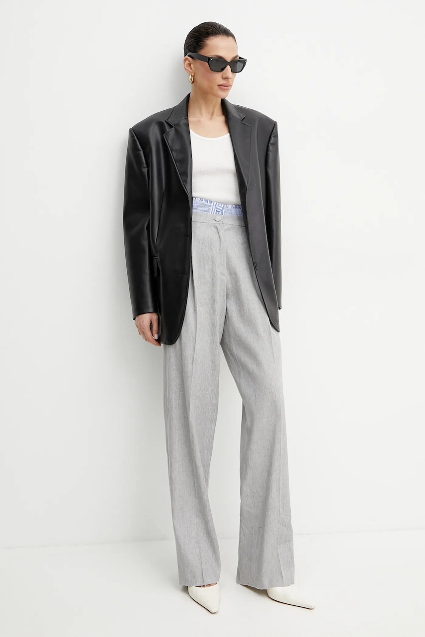 Ľanové nohavice Marella AUTOCAR dámske, šedá farba, cigaretový strih, vysoký pás, 2513131024200