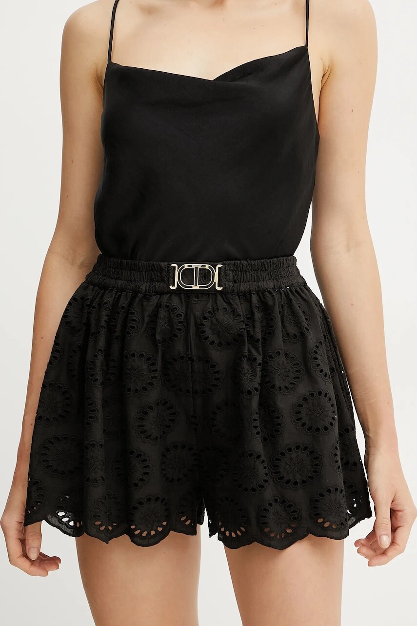 Bavlnené šortky Twinset dámske, čierna farba, vzorované, vysoký pás, 251TT2363