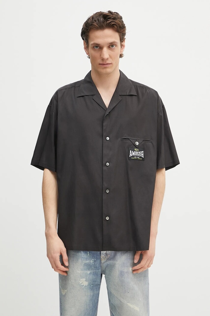 Košeľa AMBUSH S/S Satin Shirt čierna farba, voľný strih, s klasickým golierom, 12115311