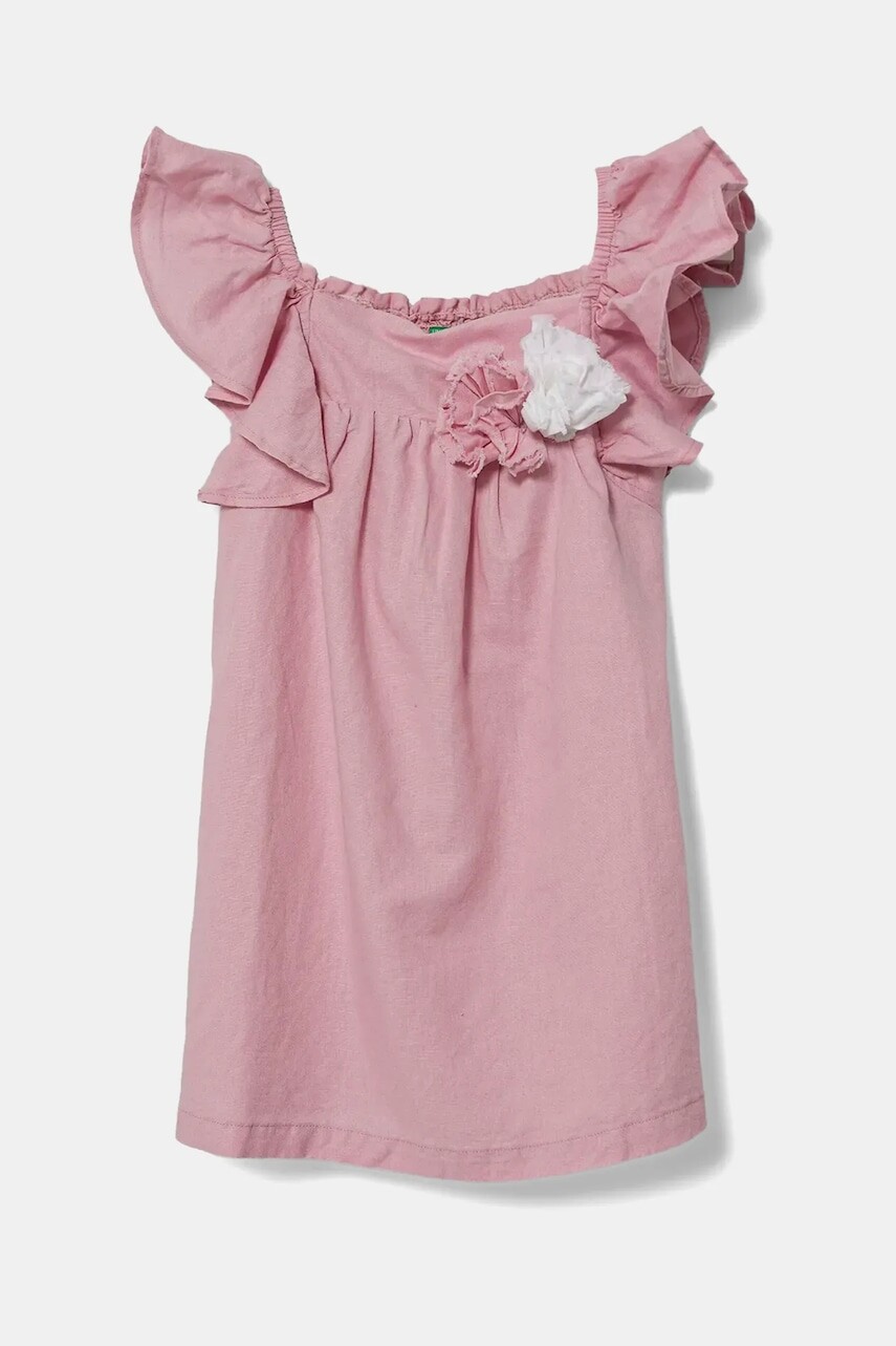 Dievčenské ľanové šaty United Colors of Benetton ružová farba, mini, áčkový strih, 43WBGV026