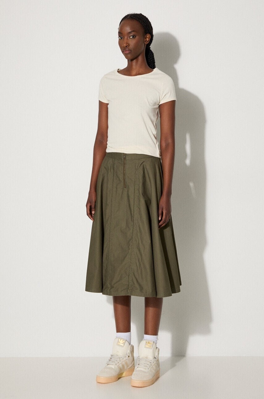 Bavlnená sukňa Vans Premium Classics LX A-Line Ruched Skirt zelená farba, midi, áčkový strih, VN000GZ5KCZ1
